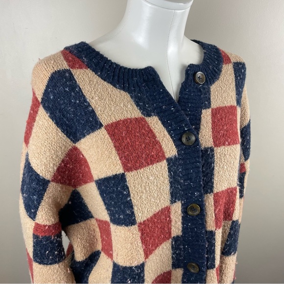 Madewell Red and Blue Checkered Cardigan size large funky 80s eclectic grandpa - Picture 2 of 8